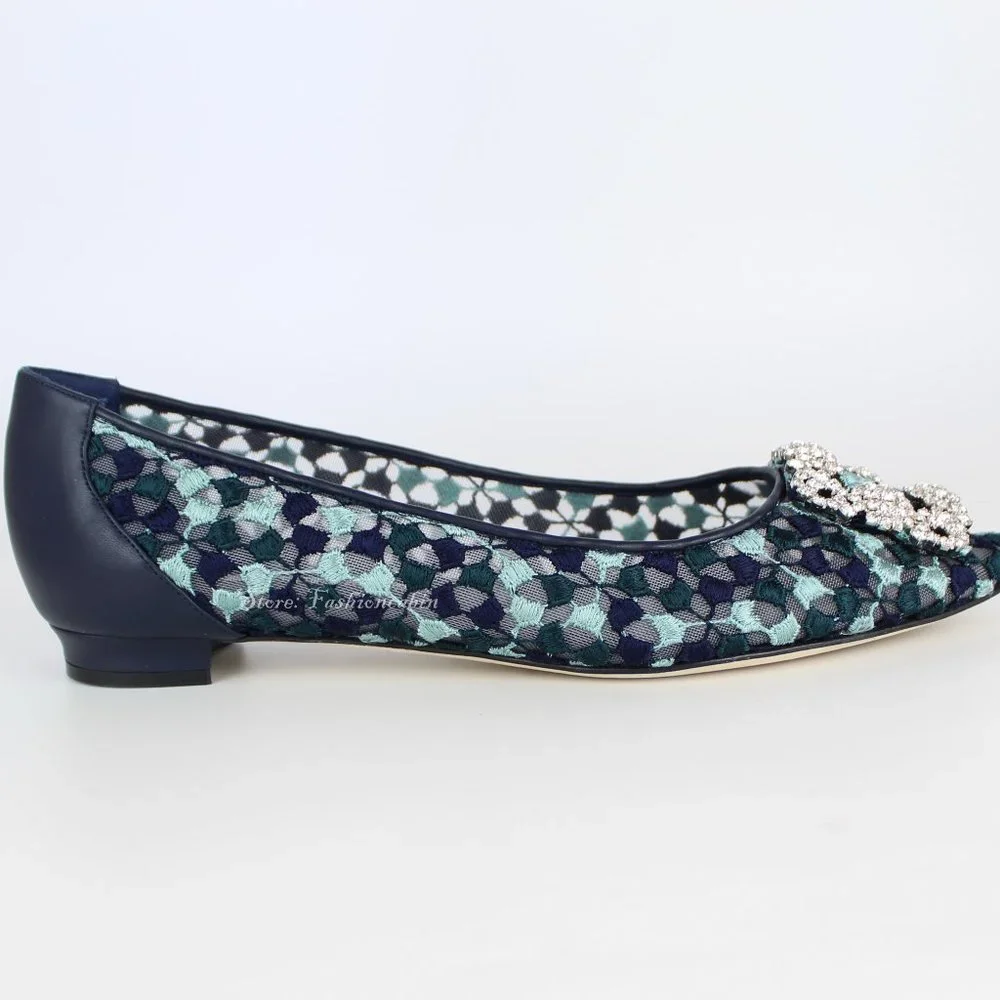 NEW Manolo Blahnik Hangisi Crystal Buckle Lace Flats YWOV EU 39